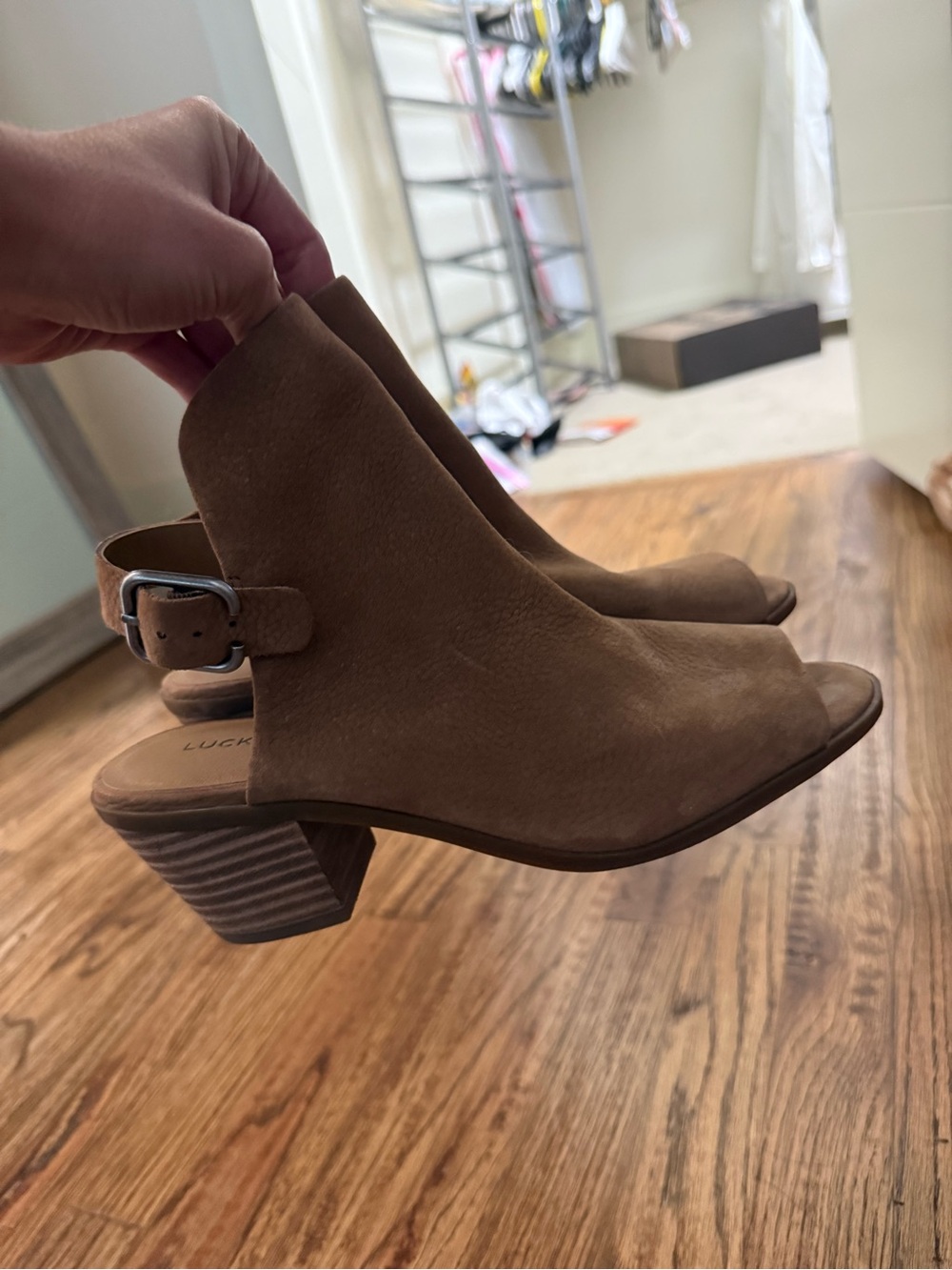Lucky Brand Tan Suede Peep-Toe Slingback Booties